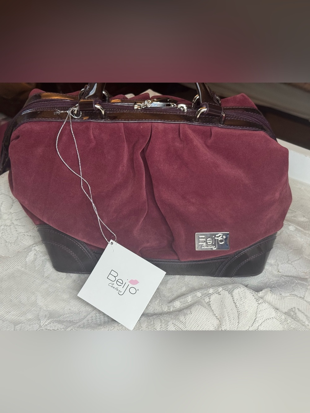 Beijo Couture Handbag Carry All  Faux Suede Burgundy Handbag New